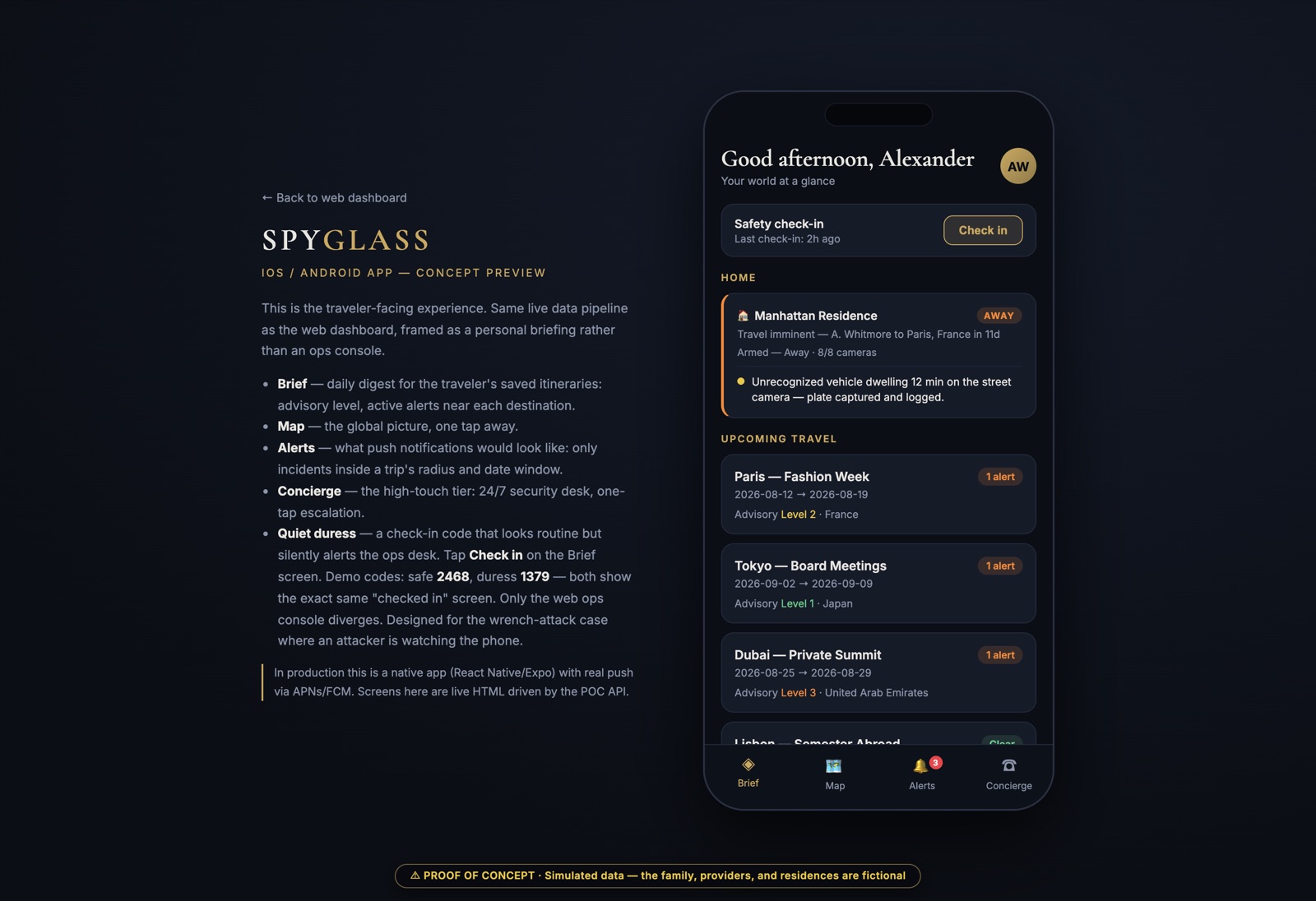 Mobile concept preview describing the traveler-facing Brief, Map, Alerts, Concierge and quiet duress screens, beside a phone showing a safety check-in, a residence status card and upcoming travel with advisory levels.