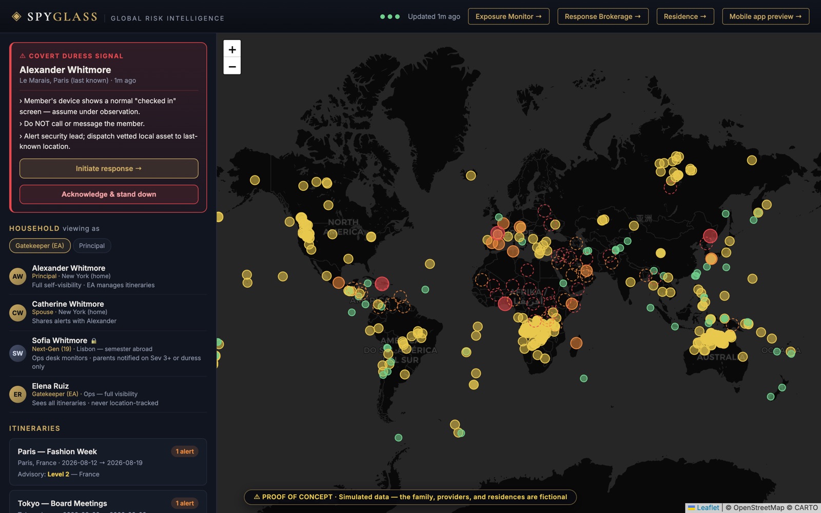 Spyglass risk dashboard showing a covert duress signal for a fictional traveler alongside a household panel where each member carries different visibility rules, a list of travel itineraries with advisory levels, and a world map plotting severity-coloured incidents from live public feeds.