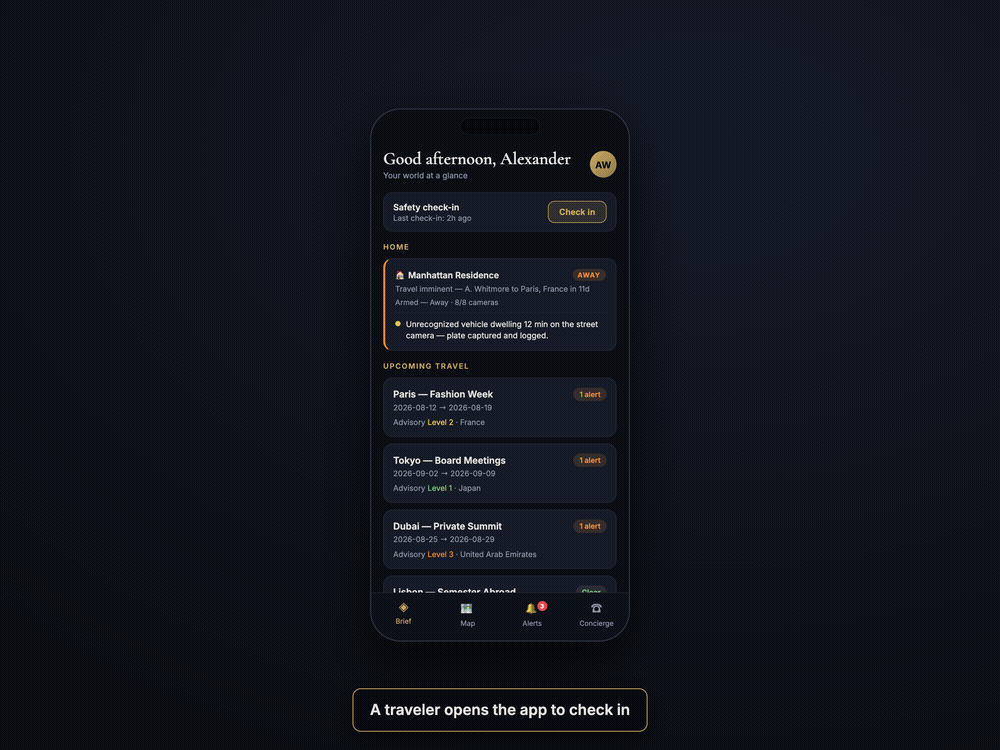 Animated walkthrough: a traveler opens the app and checks in, the phone shows the same routine confirmation either way, and the operations console silently raises a covert duress signal with response instructions.