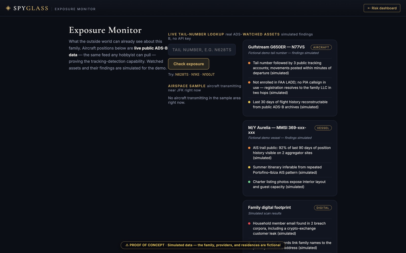 Exposure monitor with a live tail-number lookup against public ADS-B data, beside simulated findings for a fictional aircraft, vessel and family digital footprint describing what public sources already reveal.
